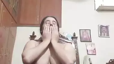 Long hair wife shows naked body curves in shyness