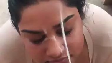 Big boob babe takes thick Indian cum in mouth