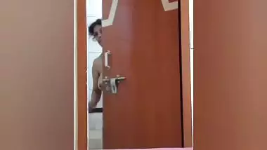 Mom naked in bathroom comes out to take bucket